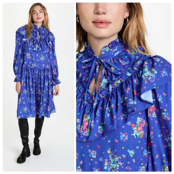 New Andersson Bell Flower Bear Print Ruffle Dress Size Medium Blue - Picture 1 of 15